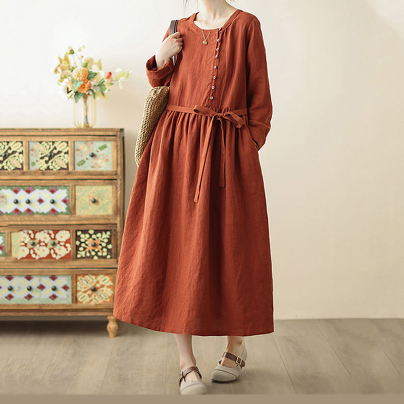 Buddha Stones OrangeRed Lace-Up Design Long Sleeve Cotton Midi Dress With Pockets - image 2