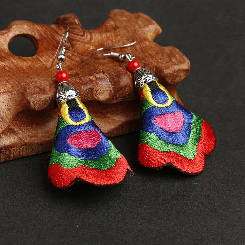 Buddha Stones Handmade Colorful Yi Embroidery Harmony Earrings - Outermost Color-Red(Alloy Posts) - image 0