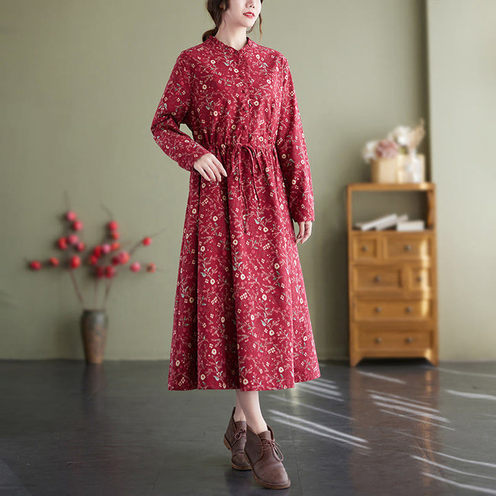 Buddha Stones Ethnic Printing Drawstring Long Sleeve Cotton Linen Midi Dress With Pockets - image 8
