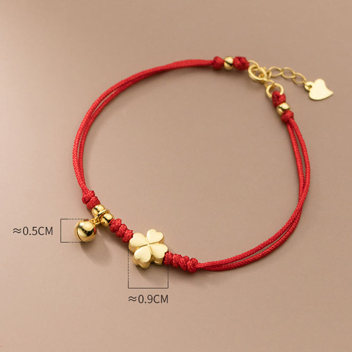 Buddha Stones 925 Sterling Silver Plated Gold Four Leaf Clover Red String Connection Bracelet - image 8
