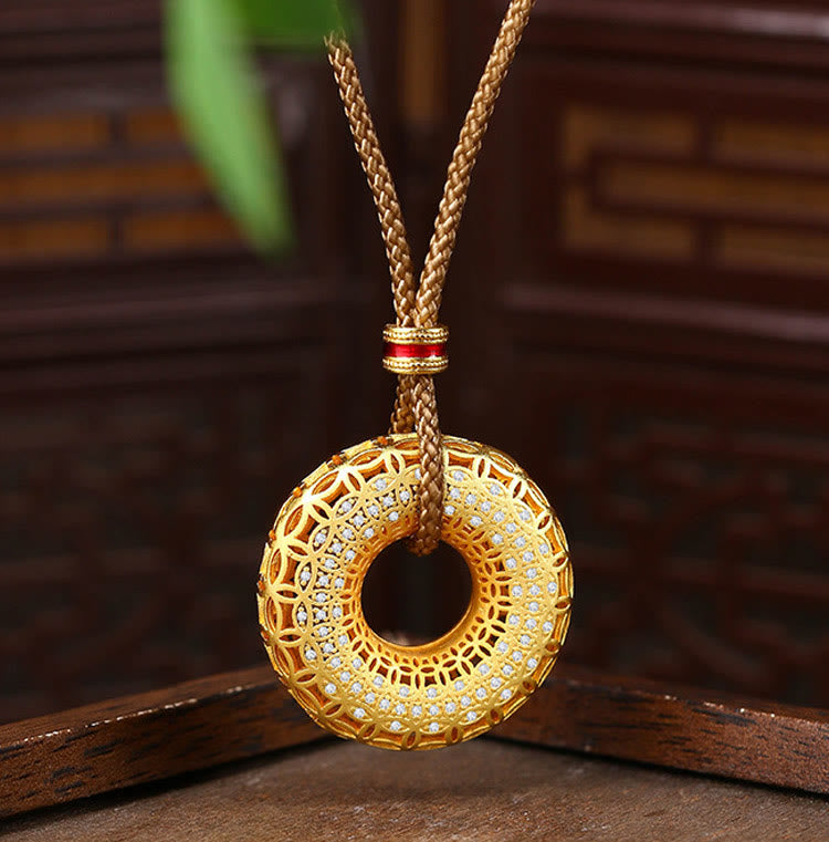 Buddha Stones Copper Coin Pattern Peace Buckle Copper Auspicious Necklace Pendant - Copper Plated 24K Gold & Rope - image 0