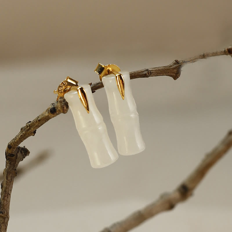 Buddha Stones Bamboo Hetian Jade 925 Sterling Silver Leaf Wealth Earrings - Hetian Jade Polished(925 Sterling Silver Posts) - Long Bamboo Leaves - image 0