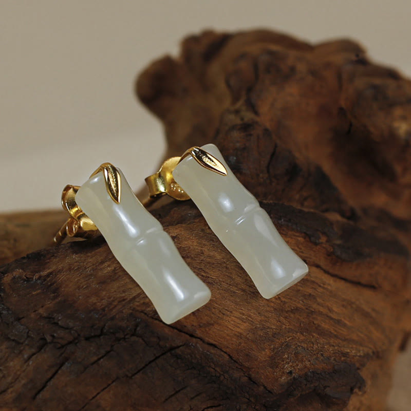 Buddha Stones Bamboo Hetian Jade 925 Sterling Silver Leaf Wealth Earrings - Hetian Jade Polished(925 Sterling Silver Posts) - Short Bamboo Leaves - image 1