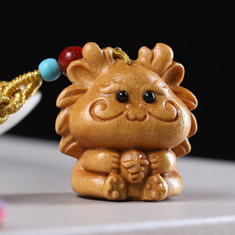 Buddha Stones Sandalwood 12 Chinese Zodiac Blessing Colorful Tassel Accessories Keychain - Dragon - image 0