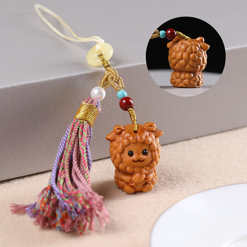 Buddha Stones Sandalwood 12 Chinese Zodiac Blessing Colorful Tassel Accessories Keychain - Goat - image 24