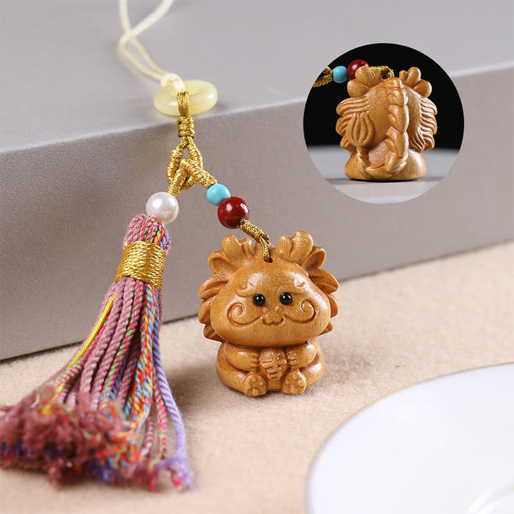 Buddha Stones Sandalwood 12 Chinese Zodiac Blessing Colorful Tassel Accessories Keychain - image 2