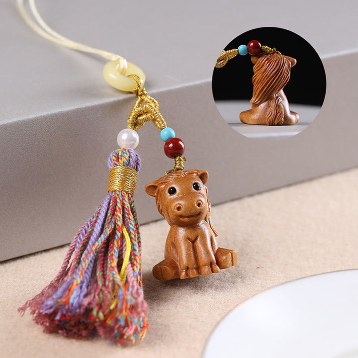 Buddha Stones Sandalwood 12 Chinese Zodiac Blessing Colorful Tassel Accessories Keychain - Horse - image 22