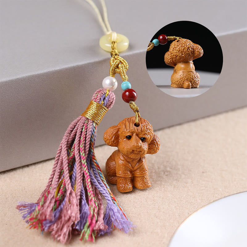 Buddha Stones Sandalwood 12 Chinese Zodiac Blessing Colorful Tassel Accessories Keychain - Dog - image 30