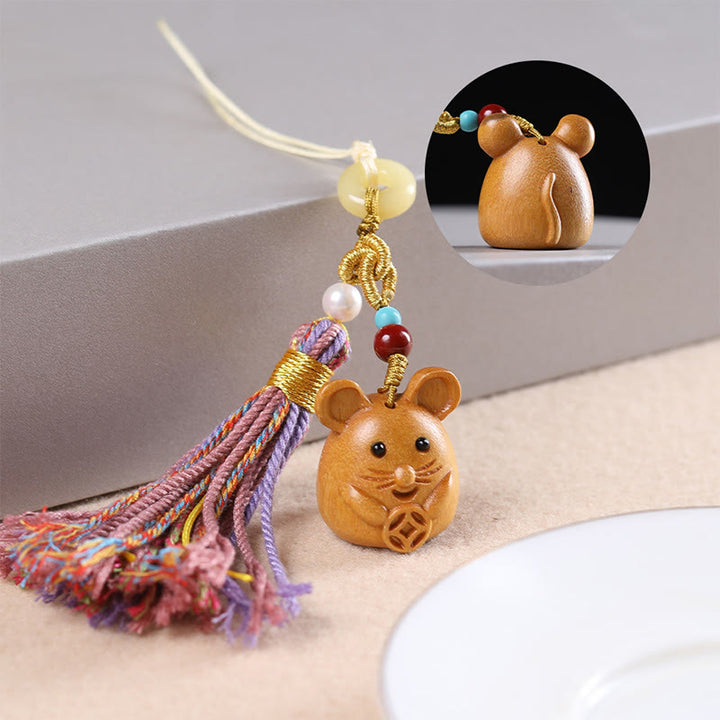 Buddha Stones Sandalwood 12 Chinese Zodiac Blessing Colorful Tassel Accessories Keychain - Rat - image 6
