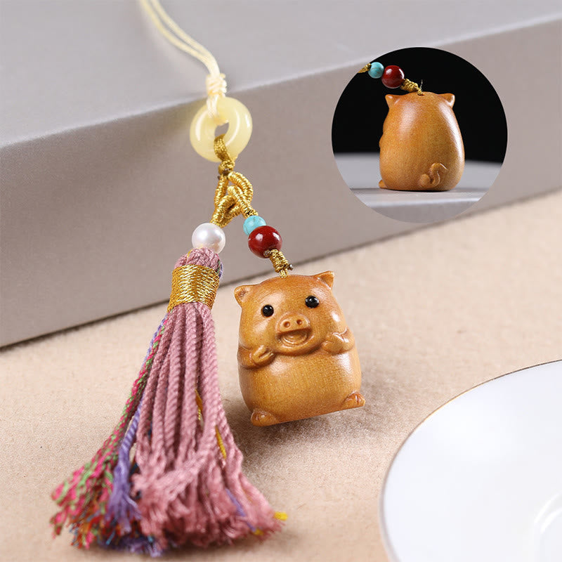 Buddha Stones Sandalwood 12 Chinese Zodiac Blessing Colorful Tassel Accessories Keychain - Pig - image 32
