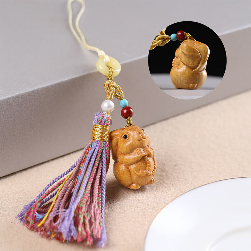 Buddha Stones Sandalwood 12 Chinese Zodiac Blessing Colorful Tassel Accessories Keychain - Rabbit - image 18