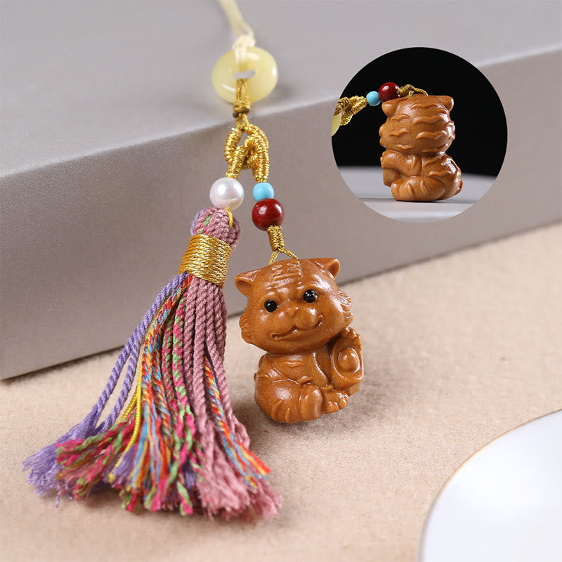 Buddha Stones Sandalwood 12 Chinese Zodiac Blessing Colorful Tassel Accessories Keychain - Tiger - image 16