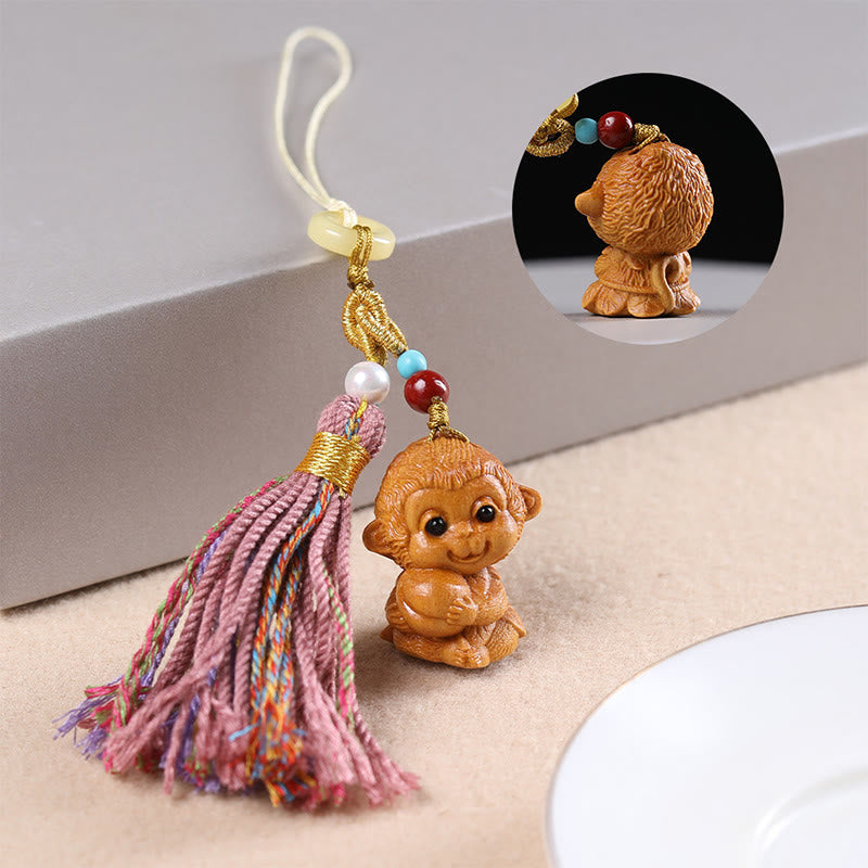 Buddha Stones Sandalwood 12 Chinese Zodiac Blessing Colorful Tassel Accessories Keychain - Monkey - image 26