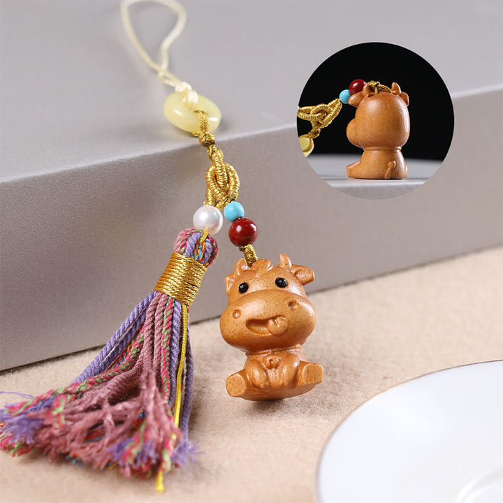 Buddha Stones Sandalwood 12 Chinese Zodiac Blessing Colorful Tassel Accessories Keychain - Ox - image 11