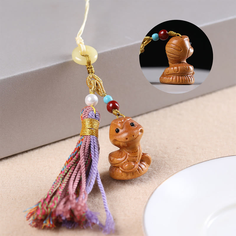 Buddha Stones Sandalwood 12 Chinese Zodiac Blessing Colorful Tassel Accessories Keychain - Snake - image 20
