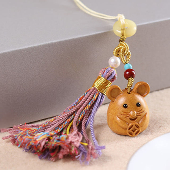 Buddha Stones Sandalwood 12 Chinese Zodiac Blessing Colorful Tassel Accessories Keychain - image 9