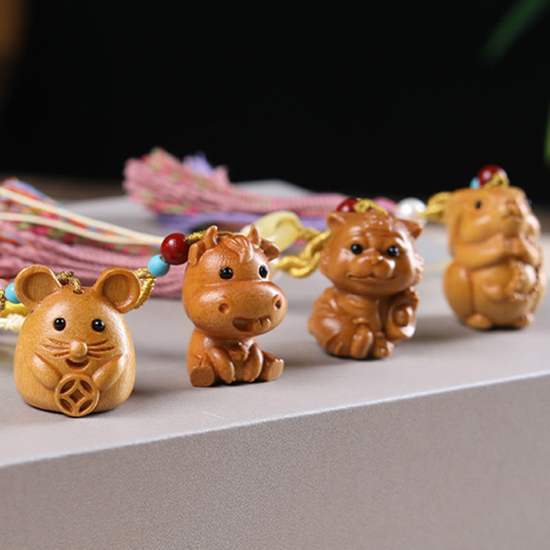 Buddha Stones Sandalwood 12 Chinese Zodiac Blessing Colorful Tassel Accessories Keychain - image 34