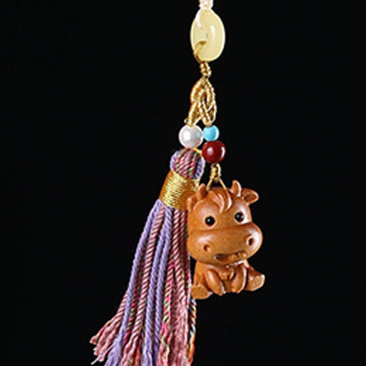 Buddha Stones Sandalwood 12 Chinese Zodiac Blessing Colorful Tassel Accessories Keychain - image 12