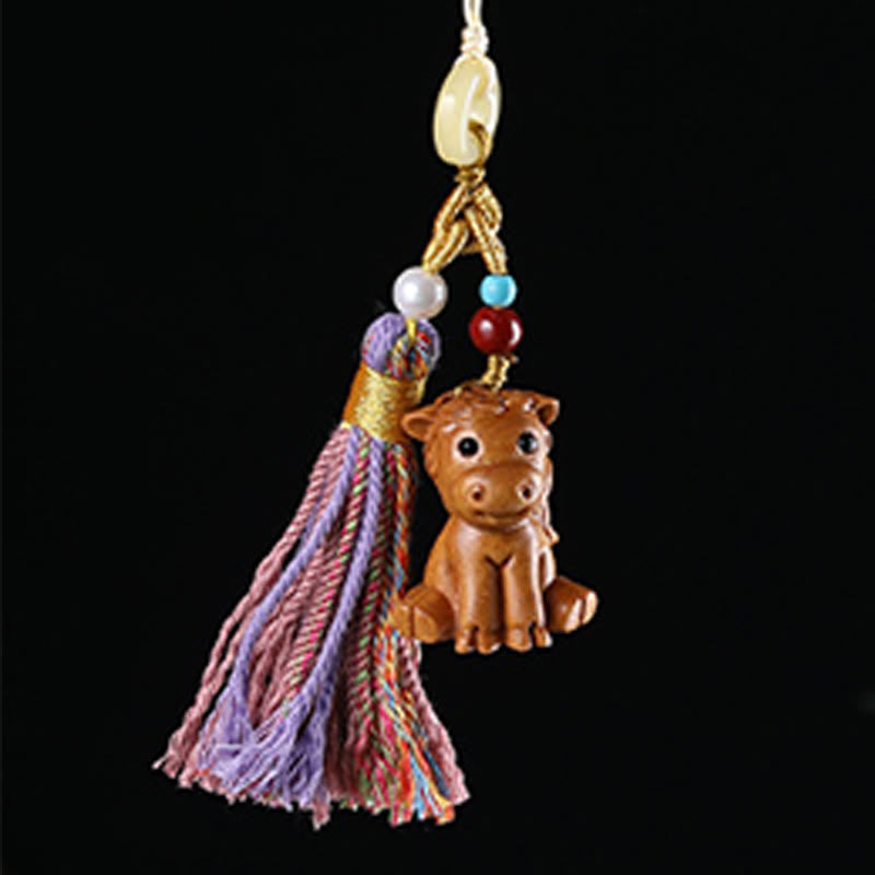 Buddha Stones Sandalwood 12 Chinese Zodiac Blessing Colorful Tassel Accessories Keychain - image 23
