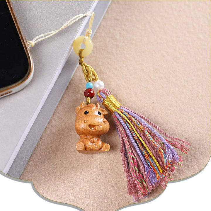 Buddha Stones Sandalwood 12 Chinese Zodiac Blessing Colorful Tassel Accessories Keychain - image 13