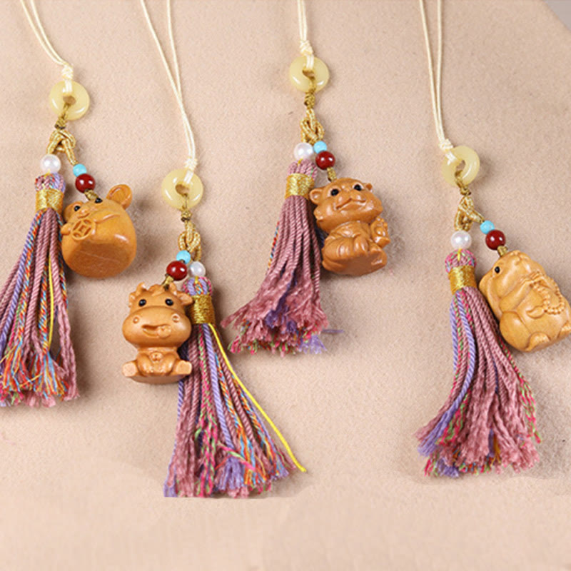 Buddha Stones Sandalwood 12 Chinese Zodiac Blessing Colorful Tassel Accessories Keychain - image 35