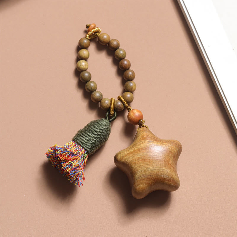 Buddha Stones Natural Green Sandalwood Colored Rope Tassels Star Moon Abundance Key Chain - Star (23*36mm) - image 0