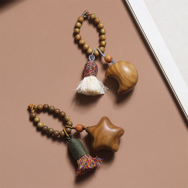 Buddha Stones Natural Green Sandalwood Colored Rope Tassels Star Moon Abundance Key Chain - image 6