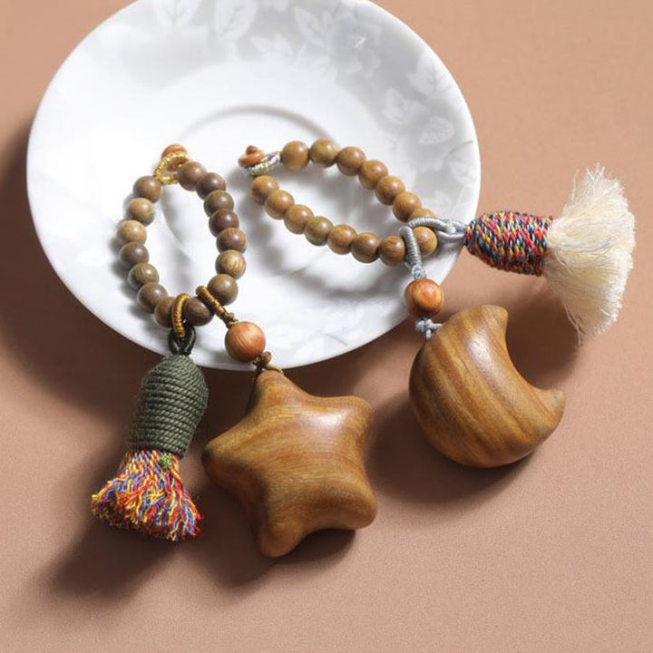 Buddha Stones Natural Green Sandalwood Colored Rope Tassels Star Moon Abundance Key Chain - image 7
