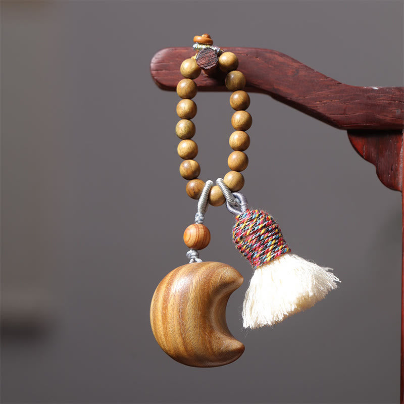 Buddha Stones Natural Green Sandalwood Colored Rope Tassels Star Moon Abundance Key Chain - image 5