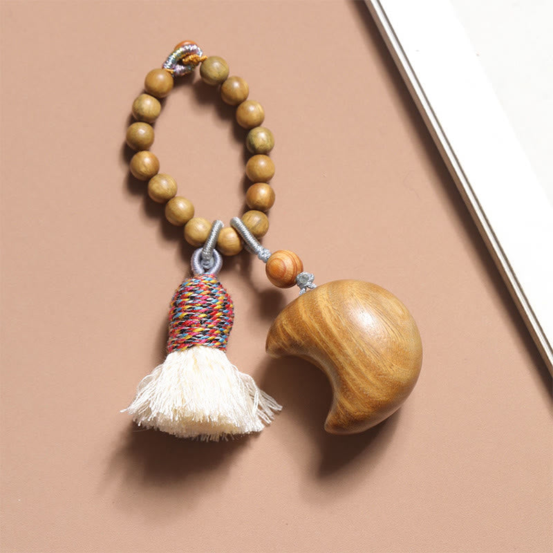 Buddha Stones Natural Green Sandalwood Colored Rope Tassels Star Moon Abundance Key Chain - Moon (29*32mm) - image 4