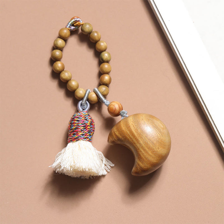Buddha Stones Natural Green Sandalwood Colored Rope Tassels Star Moon Abundance Key Chain - Moon (29*32mm) - image 4