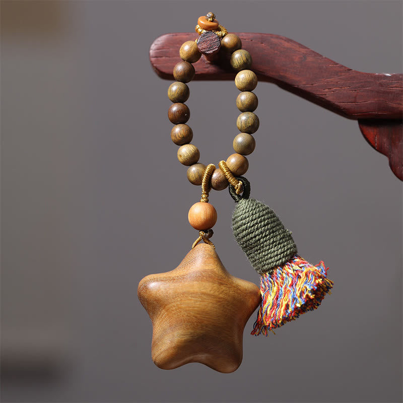 Buddha Stones Natural Green Sandalwood Colored Rope Tassels Star Moon Abundance Key Chain - image 1