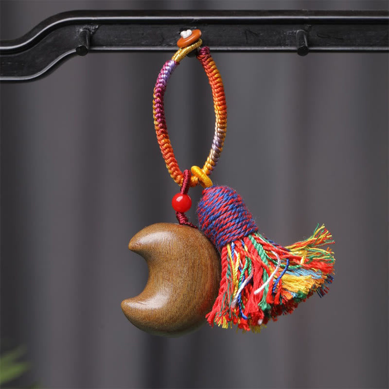 Buddha Stones Tibetan Colored Rope Green Sandalwood Star Moon Peace Key Chain - Moon (29*32mm) - image 1