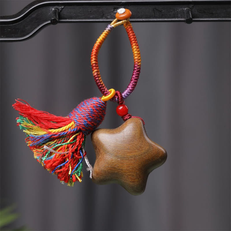 Buddha Stones Tibetan Colored Rope Green Sandalwood Star Moon Peace Key Chain - Star (23*36mm) - image 0