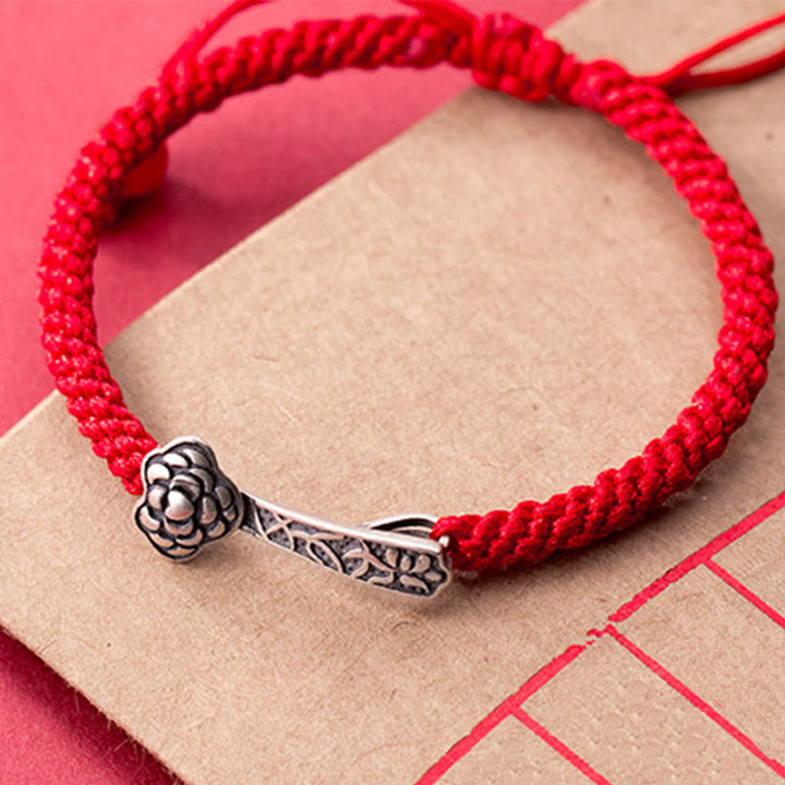 Buddha Stones Retro 925 Sterling Silver Ruyi As One Wishes Red String Braided Luck Bracelet - image 8