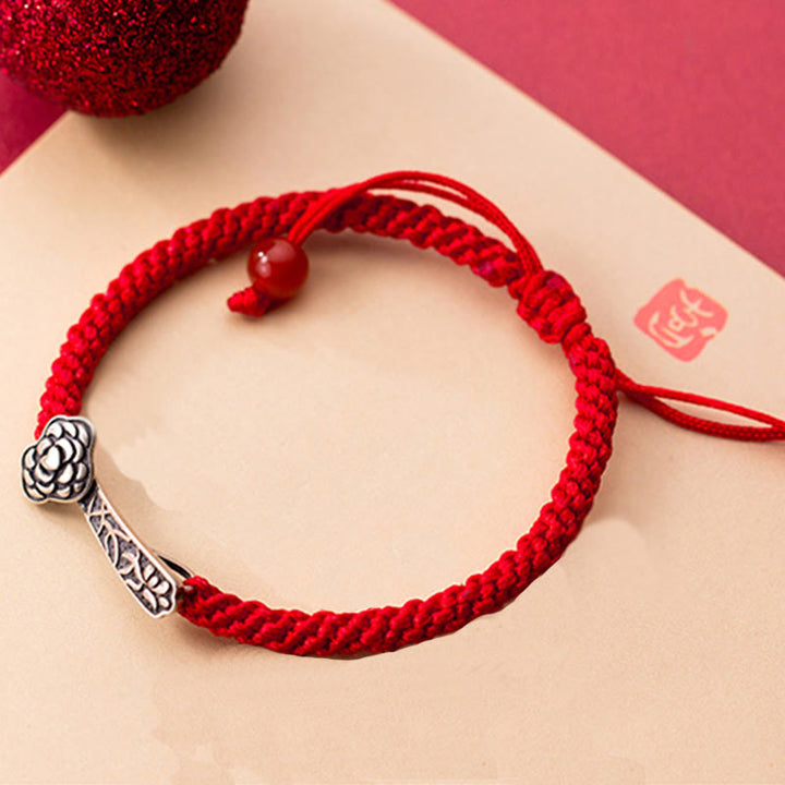 Buddha Stones Retro 925 Sterling Silver Ruyi As One Wishes Red String Braided Luck Bracelet - image 3