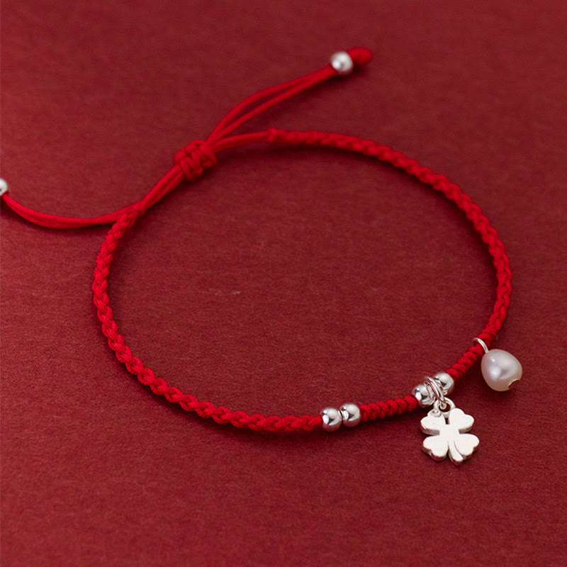 Buddha Stones Retro 925 Sterling Silver Four Leaf Clover Pearl Luck Red String Bracelet - image 2