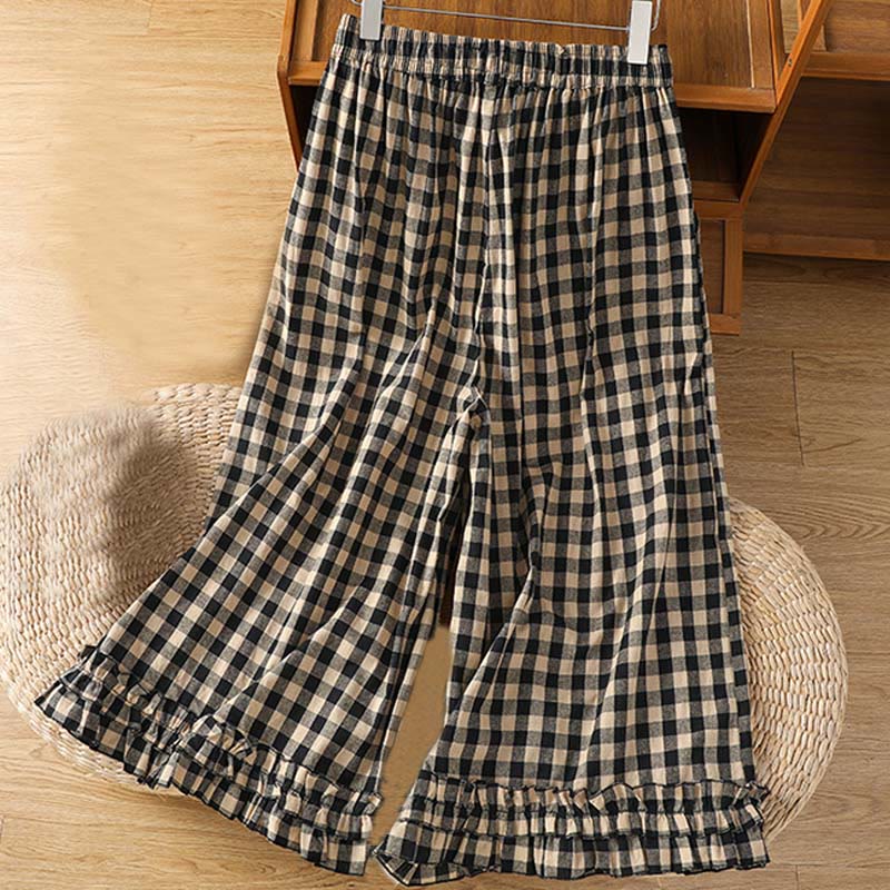 Buddha Stones Casual Cotton Stitching Grid Women's 7-8 Length Wide Leg Pants With Pockets - Black - US6，UK/AU10，EU38 (XL) - image 0