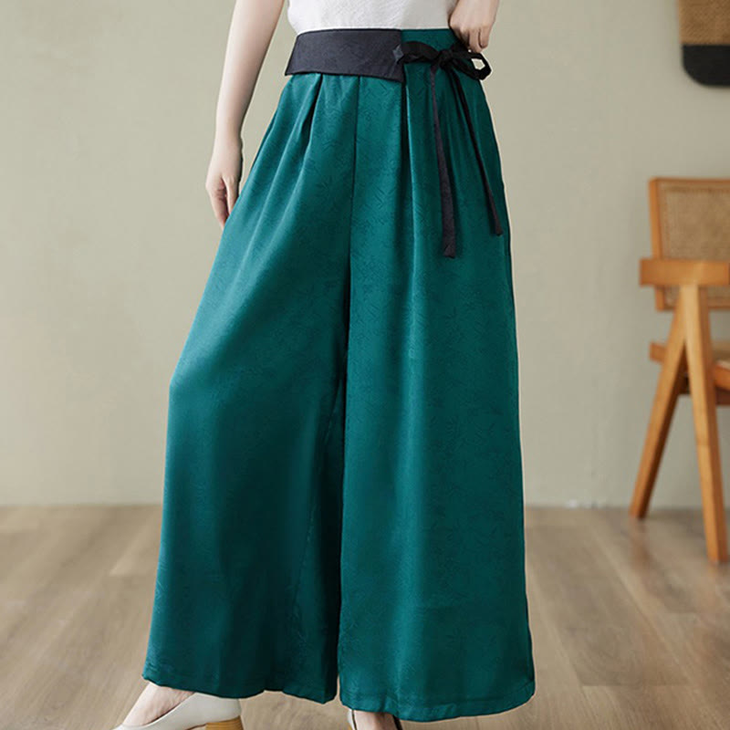 Buddha Stones Casual Jacquard Lace-up Cotton Women's Wide Leg Pants With Pockets - DarkCyan - US8-10，UK/AU12-14，EU40-42 (2XL) - image 0
