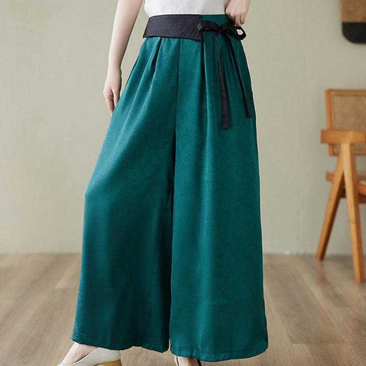 Buddha Stones Casual Jacquard Lace-up Cotton Women's Wide Leg Pants With Pockets - DarkCyan - US8-10，UK/AU12-14，EU40-42 (2XL) - image 0