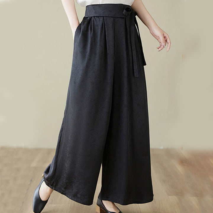 Buddha Stones Casual Jacquard Lace-up Cotton Women's Wide Leg Pants With Pockets - image 12