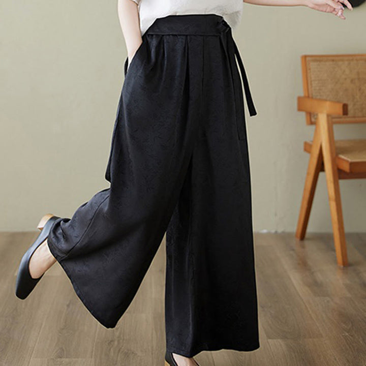 Buddha Stones Casual Jacquard Lace-up Cotton Women's Wide Leg Pants With Pockets - image 13