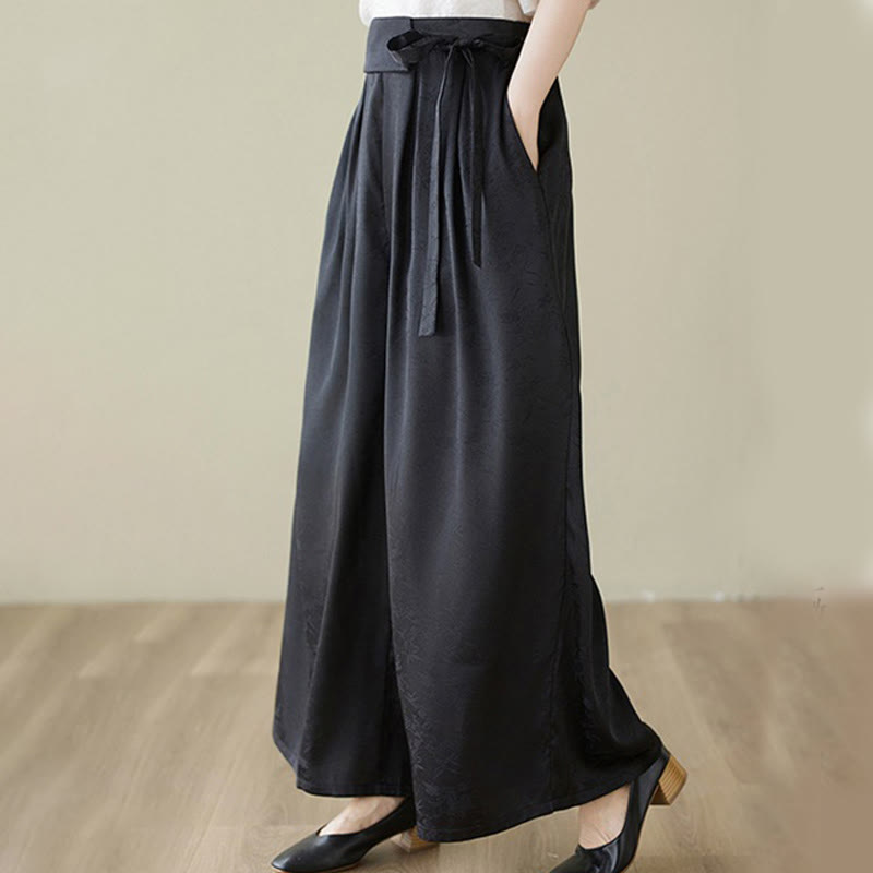 Buddha Stones Casual Jacquard Lace-up Cotton Women's Wide Leg Pants With Pockets - image 11