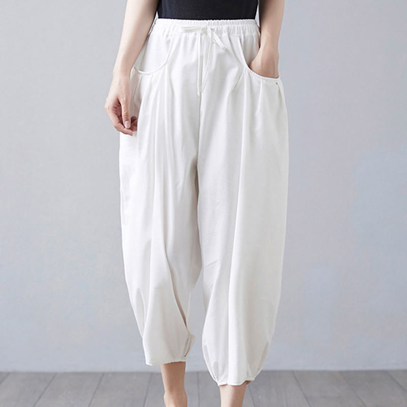 Buddha Stones Summer Plain Cropped Pants Women's Cotton Linen Harem Pants With Pockets - image 8