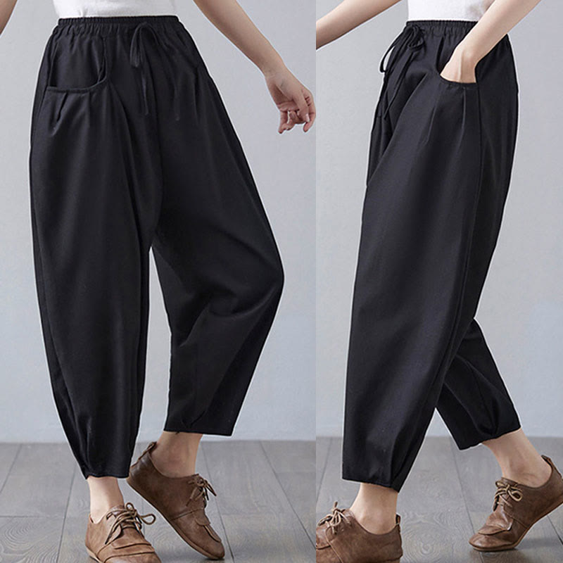 Buddha Stones Summer Plain Cropped Pants Women's Cotton Linen Harem Pants With Pockets - image 19