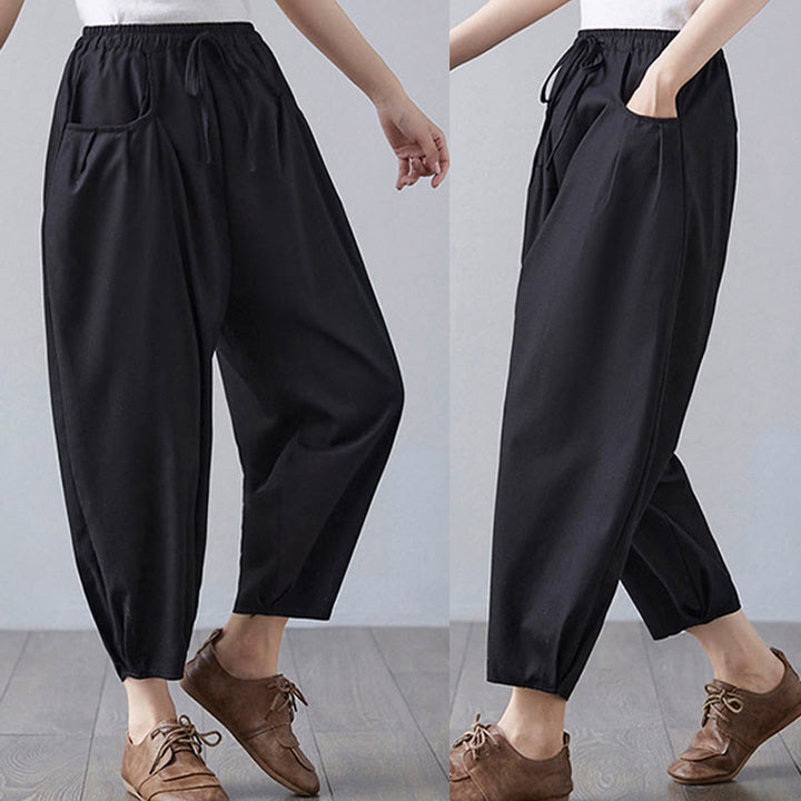 Buddha Stones Summer Plain Cropped Pants Women's Cotton Linen Harem Pants With Pockets - image 19