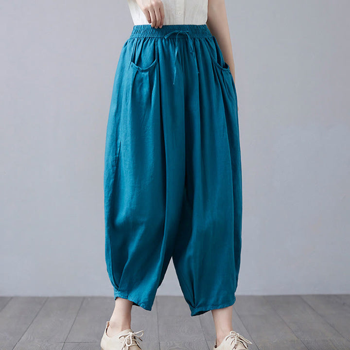 Buddha Stones Summer Plain Cropped Pants Women's Cotton Linen Harem Pants With Pockets - image 28