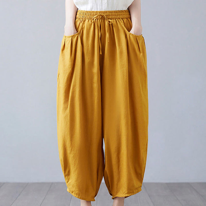 Buddha Stones Summer Plain Cropped Pants Women's Cotton Linen Harem Pants With Pockets - Gold - US12，UK/AU16，EU44 (3XL) - image 33