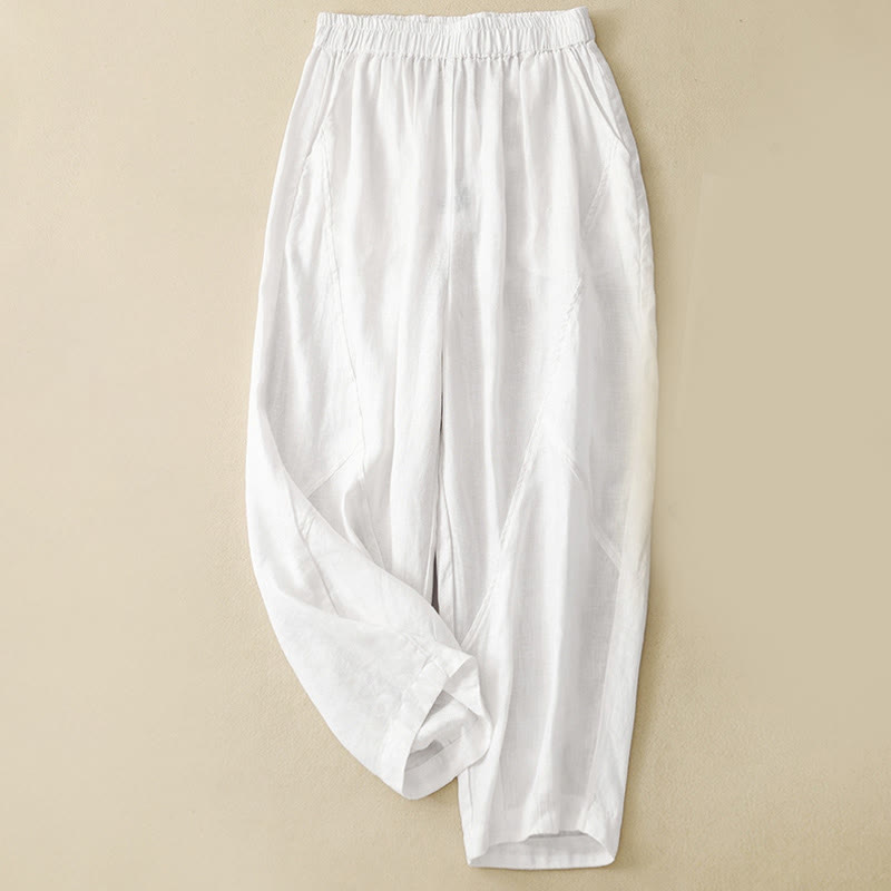 Buddha Stones Casual Plain Cropped Pants Women's Cotton Linen Harem Pants With Pockets - White - US8-10，UK/AU12-14，EU40-42 (2XL) - image 5