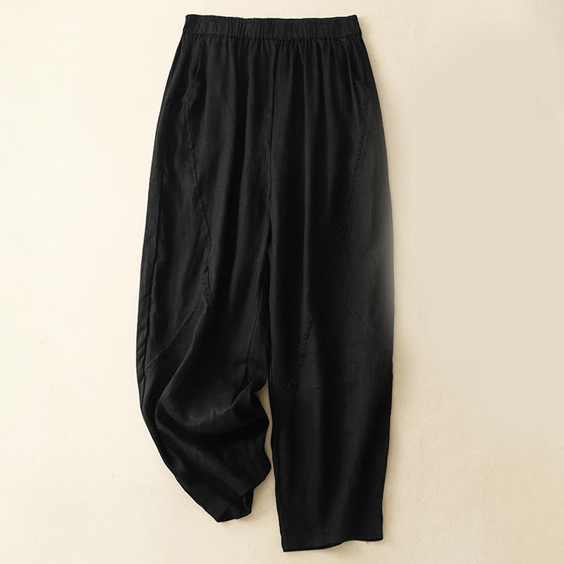 Buddha Stones Casual Plain Cropped Pants Women's Linen Harem Pants With Pockets - Black - US8-10，UK/AU12-14，EU40-42 (2XL) - image 10